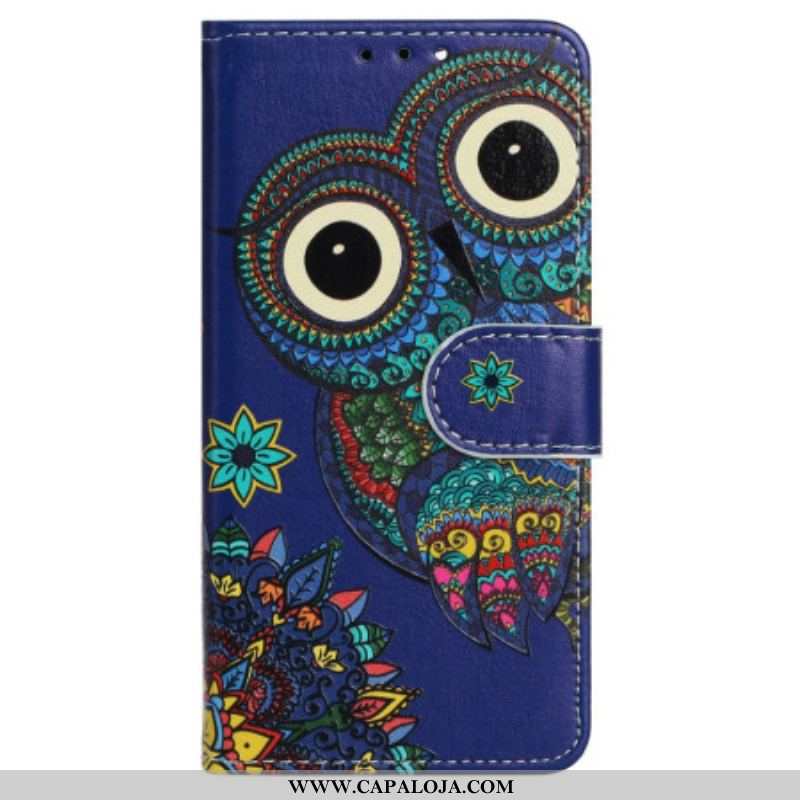 Capa De Couro Para iPhone 15 De Cordão Coruja Tribal Com Alça