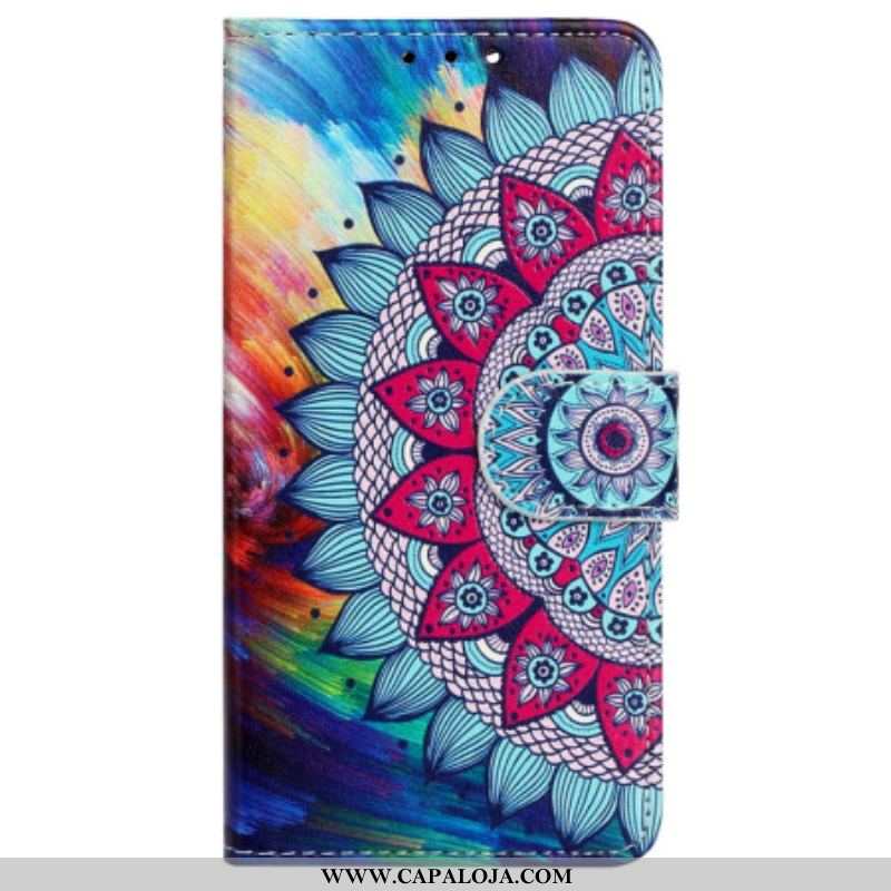 Capa De Couro Para iPhone 15 De Cordão Mandala Chamativa Com Alça