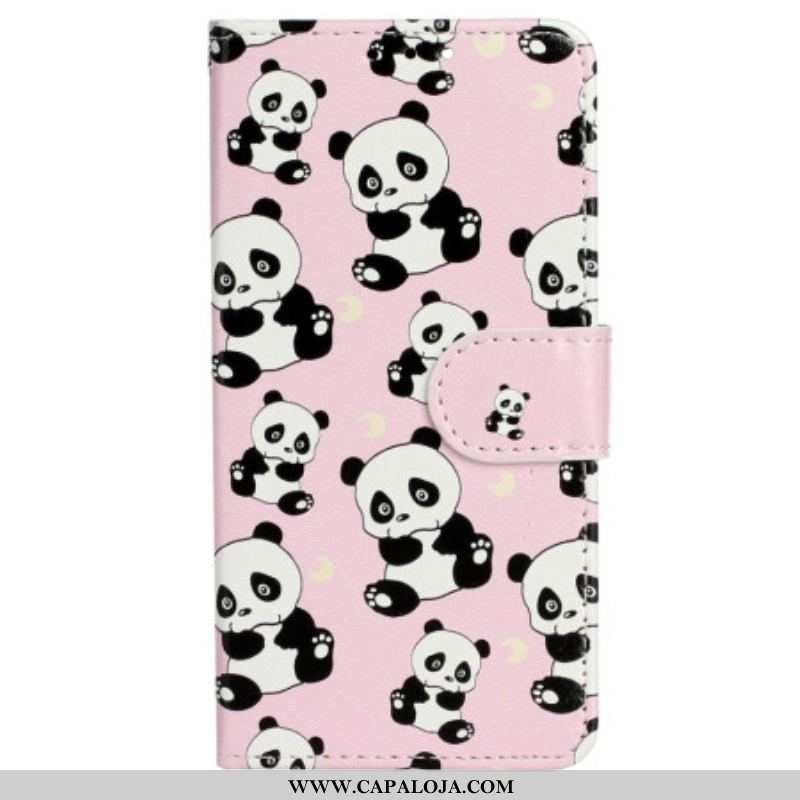 Capa De Couro Para iPhone 15 De Cordão Pequenos Pandas Com Alça