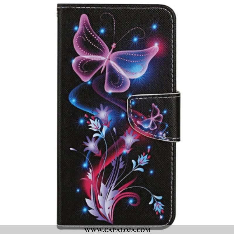 Capa De Couro Para iPhone 15 De Cordão Vôo Das Mariposas De Cordão