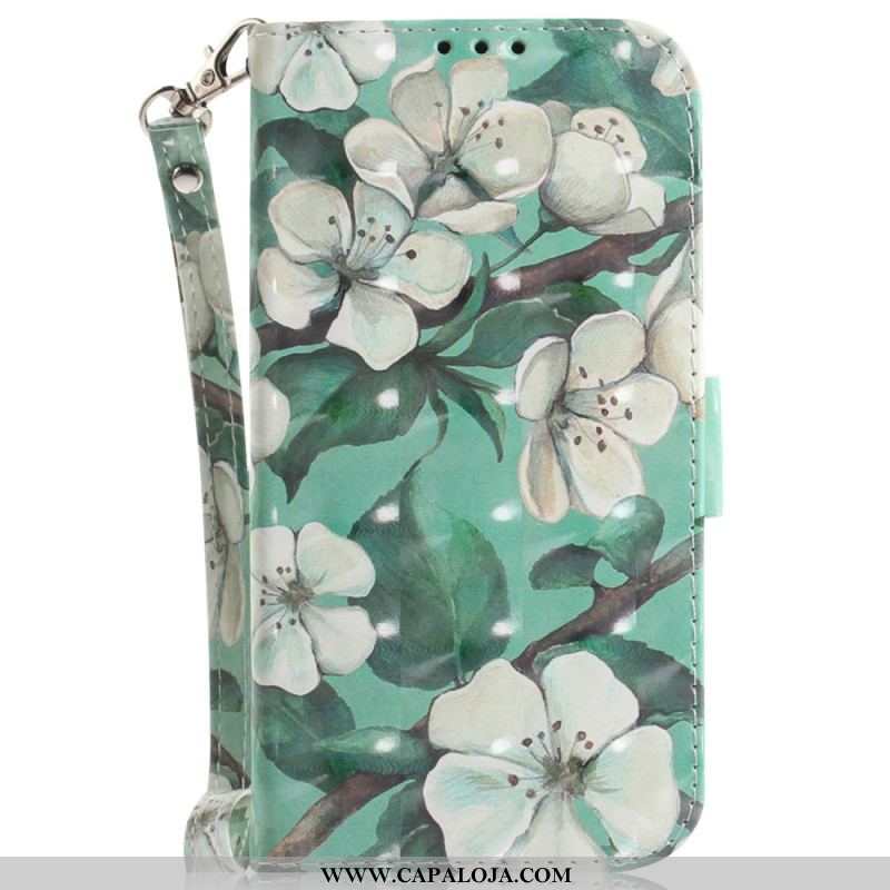 Capa De Couro Para iPhone 15 Plus De Cordão Flores Brancas Com Alça