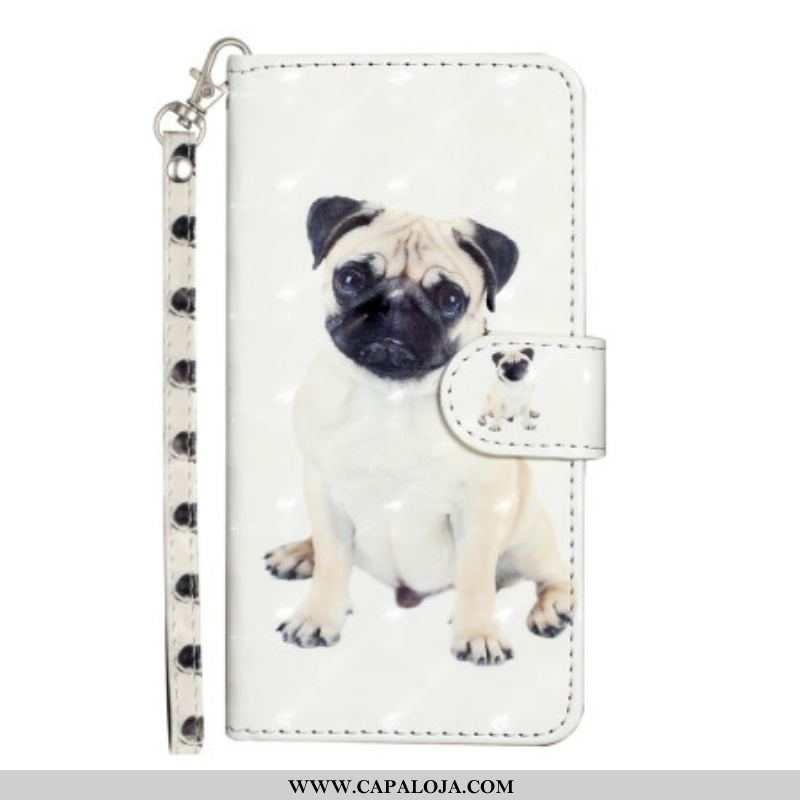 Capa De Couro Para iPhone 15 Plus De Cordão Pug 3d Com Alça