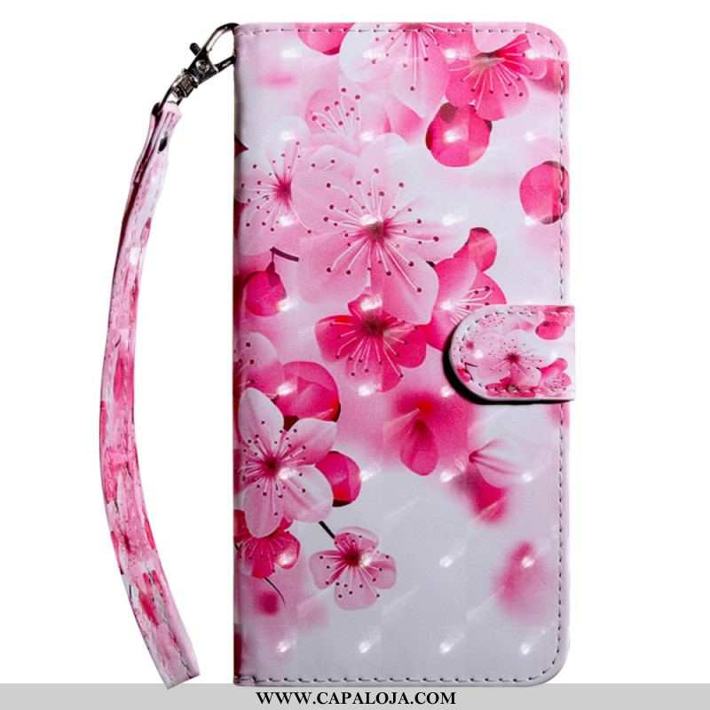 Capa De Couro Para iPhone 15 Pro De Cordão Cinta Flores