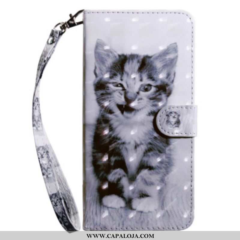 Capa De Couro Para iPhone 15 Pro De Cordão Gatinho Com Alça