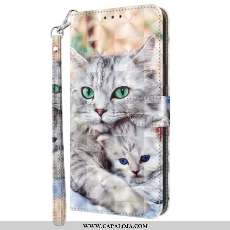 Capa De Couro Para iPhone 15 Pro De Cordão Gatos De Tanga Macia