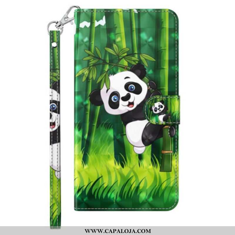 Capa De Couro Para iPhone 15 Pro De Cordão Panda De Bambu 3d Com Alça