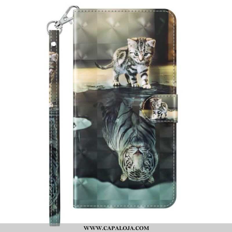 Capa De Couro Para iPhone 15 Pro De Cordão Sonho De Gatinho 3d Com Alça