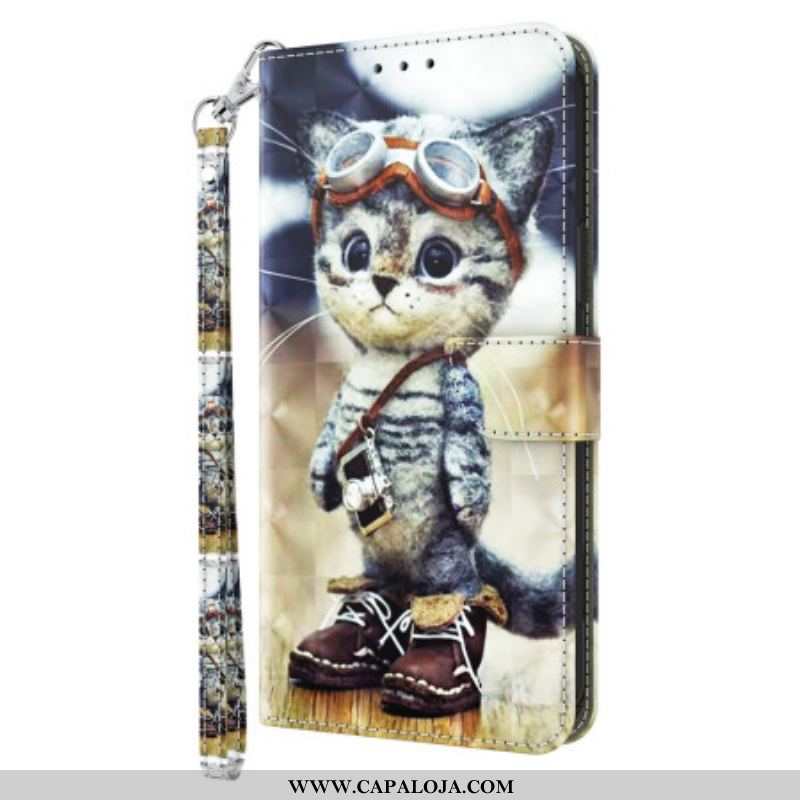 Capa De Couro Para iPhone 15 Pro Max De Cordão Gato Aviador Com Alça