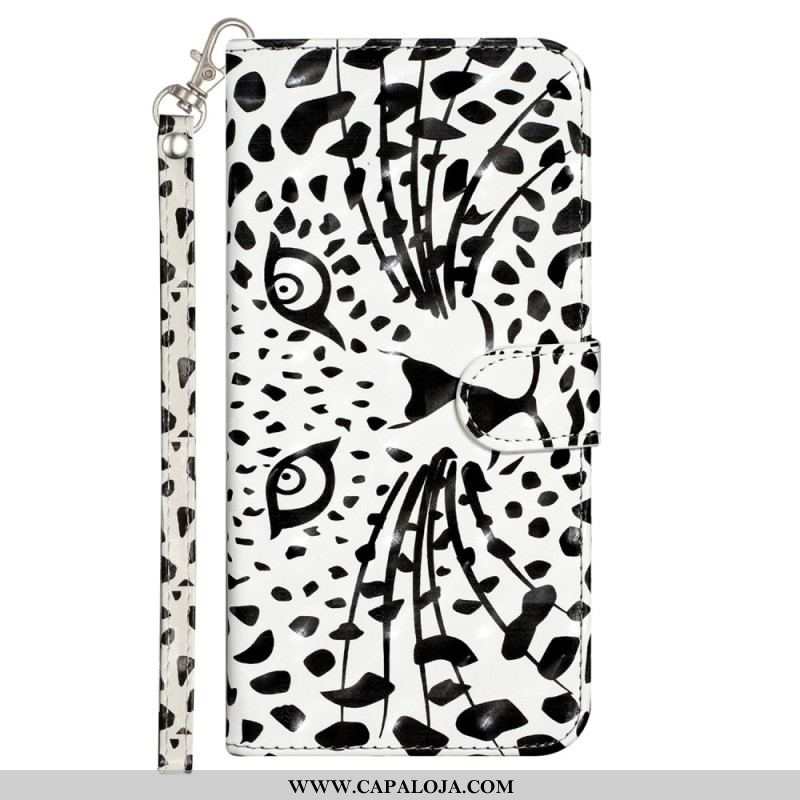 Capa De Couro Para iPhone 15 Pro Max De Cordão Leopardo 3d Com Alça