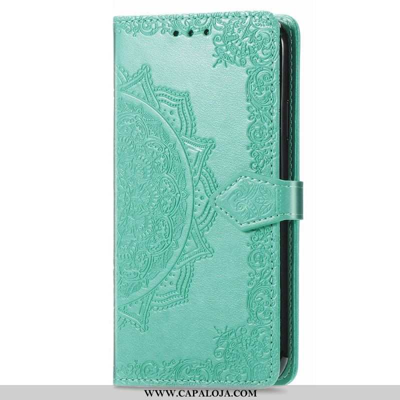 Capa De Couro Para iPhone 15 Pro Max De Cordão Mandala Barroca Com Alça