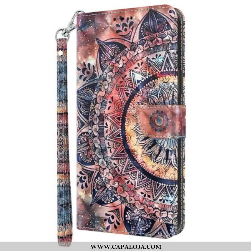 Capa De Couro Para iPhone 15 Pro Max De Cordão Mandala Com Alça