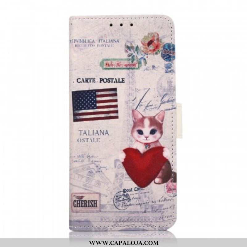 Capa Em Pele Para Moto E40 / E30 / E20 Gato Viajante