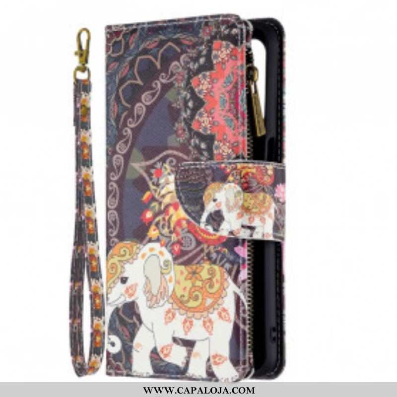 Capa Em Pele Para Oppo A54 5G / A74 5G Bolso Elefante Com Zíper