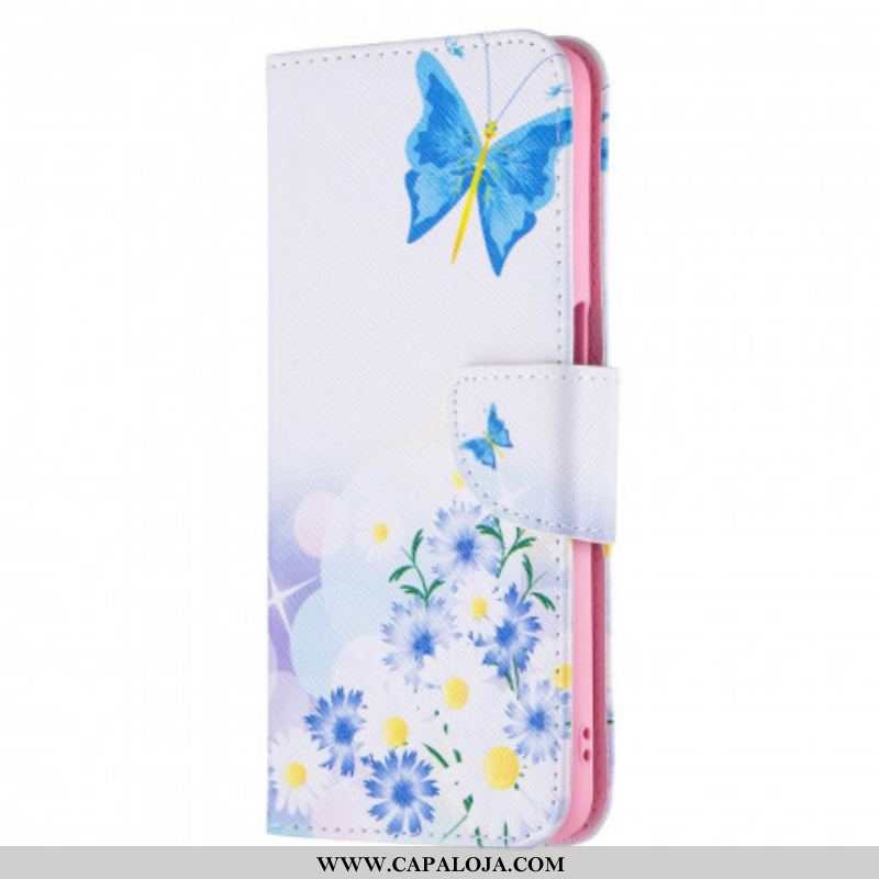 Capa Em Pele Para Oppo A54 5G / A74 5G Borboletas E Flores Pintadas