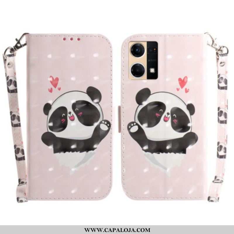 Capa Em Pele Para Oppo Reno 7 De Cordão Panda Love Com Cordão