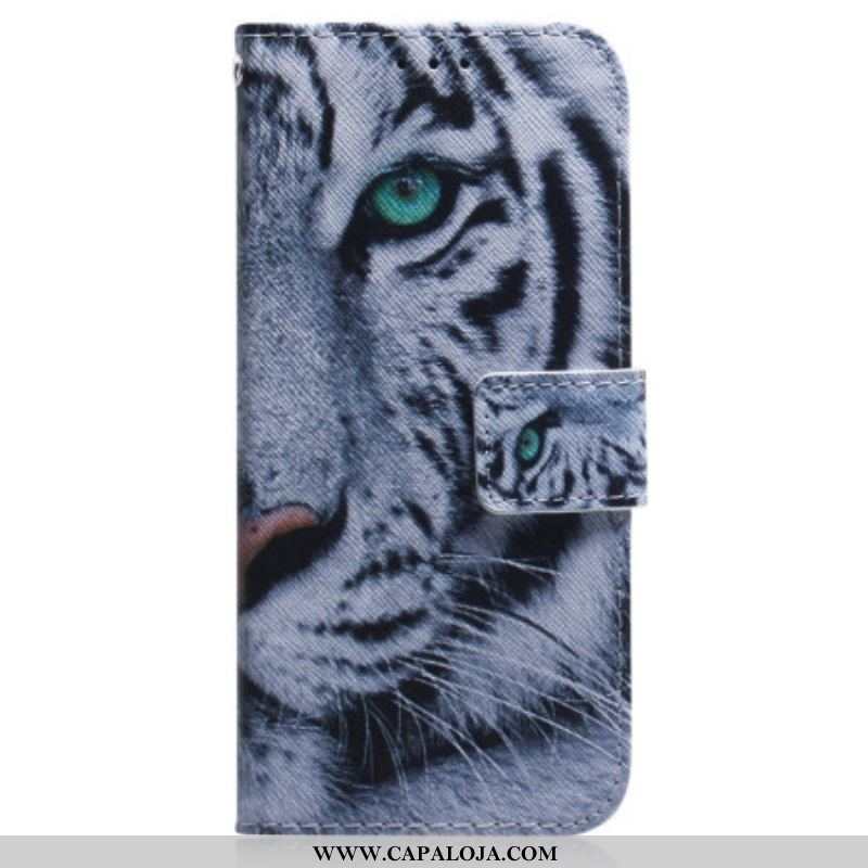 Capa Em Pele Para Oppo Reno 8 Lite Tigre Branco