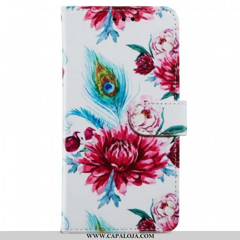 Capa Em Pele Para Samsung Galaxy A13 Flores Intensas