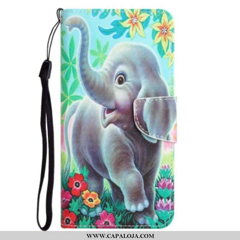 Capa Em Pele Para Samsung Galaxy A54 5G De Cordão Elefante Alegre Com Cordão