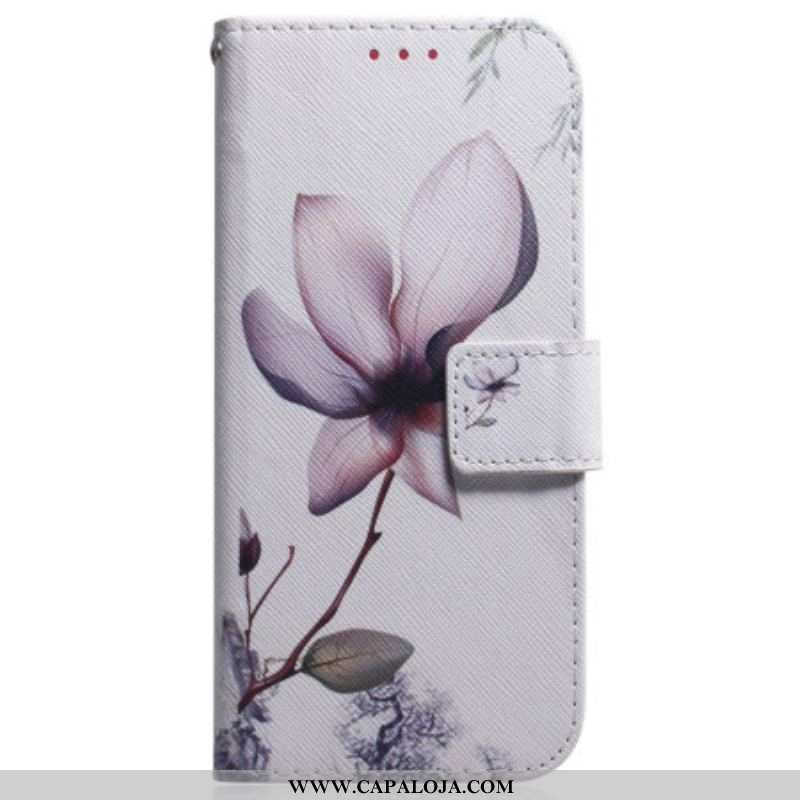 Capa Em Pele Para Samsung Galaxy A54 5G De Cordão Flor De Tiras Vintage