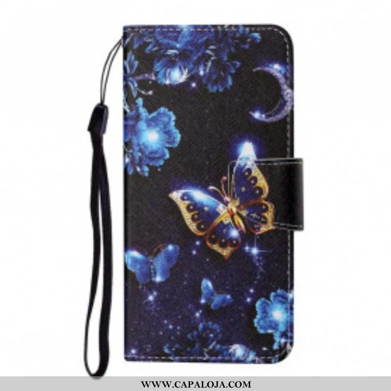 Capa Em Pele Para Samsung Galaxy M12 / A12 De Cordão Borboletas Preciosas