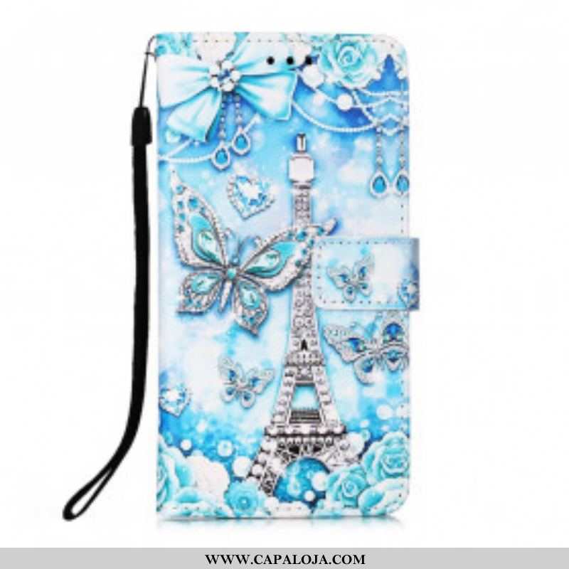 Capa Em Pele Para Samsung Galaxy M12 / A12 De Cordão Correia Borboleta Torre Eiffel