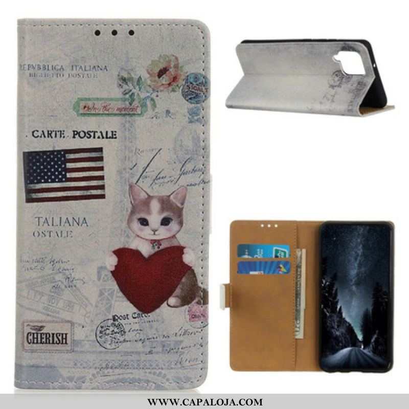 Capa Em Pele Para Samsung Galaxy M12 / A12 Gato Viajante