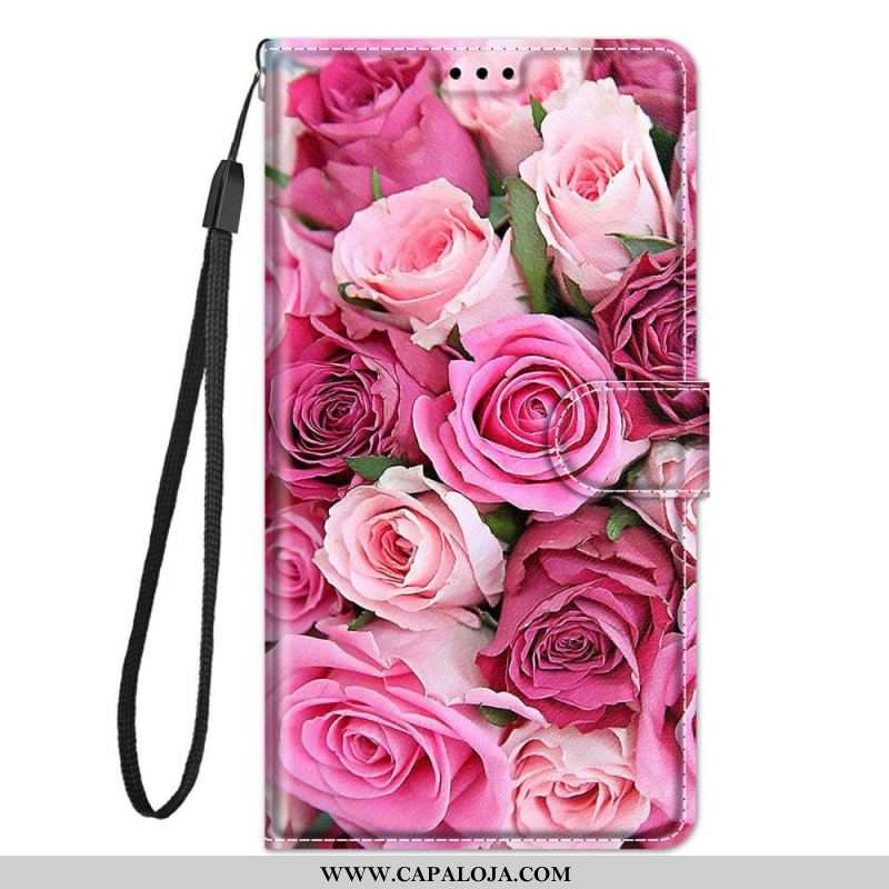 Capa Em Pele Para Samsung Galaxy M23 5G Rosas Com Cordão