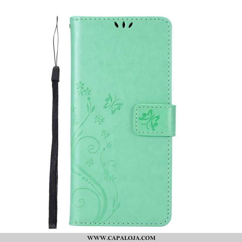 Capa Em Pele Para Samsung Galaxy M51 De Cordão Tanga Borboletas E Flores