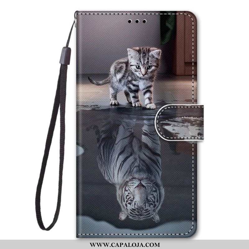 Capa Em Pele Para Samsung Galaxy M53 5G De Cordão Gatinho Cinza Com Alça