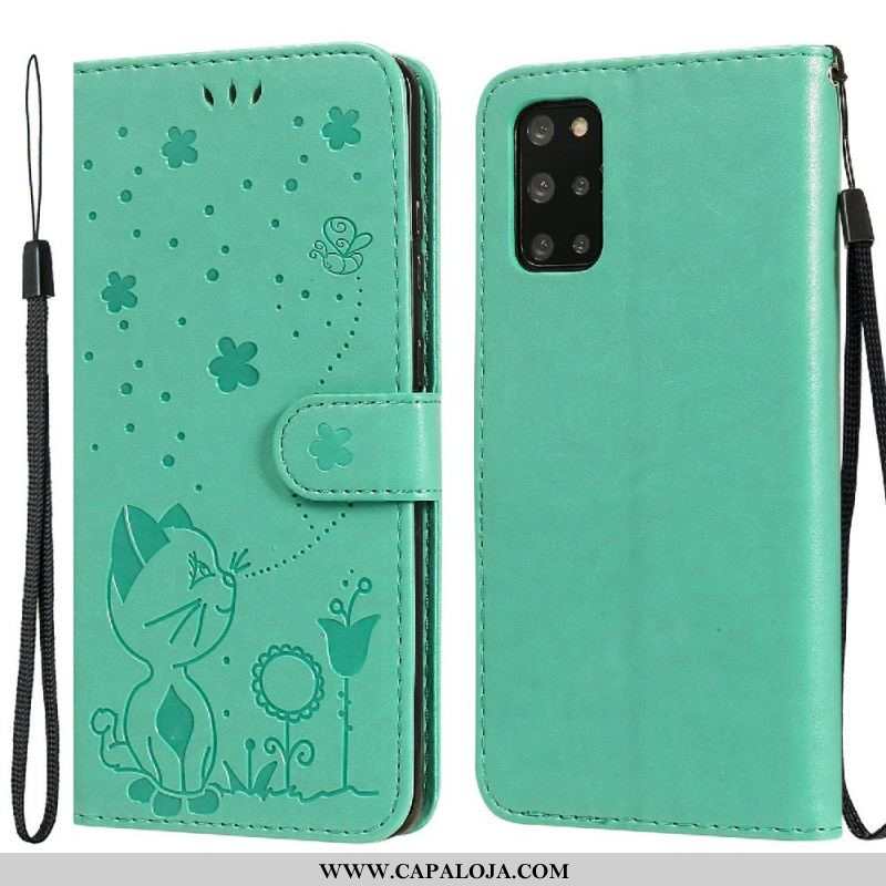 Capa Em Pele Para Samsung Galaxy S20 Plus / S20 Plus 5G De Cordão Gato E Abelha Com Cordão