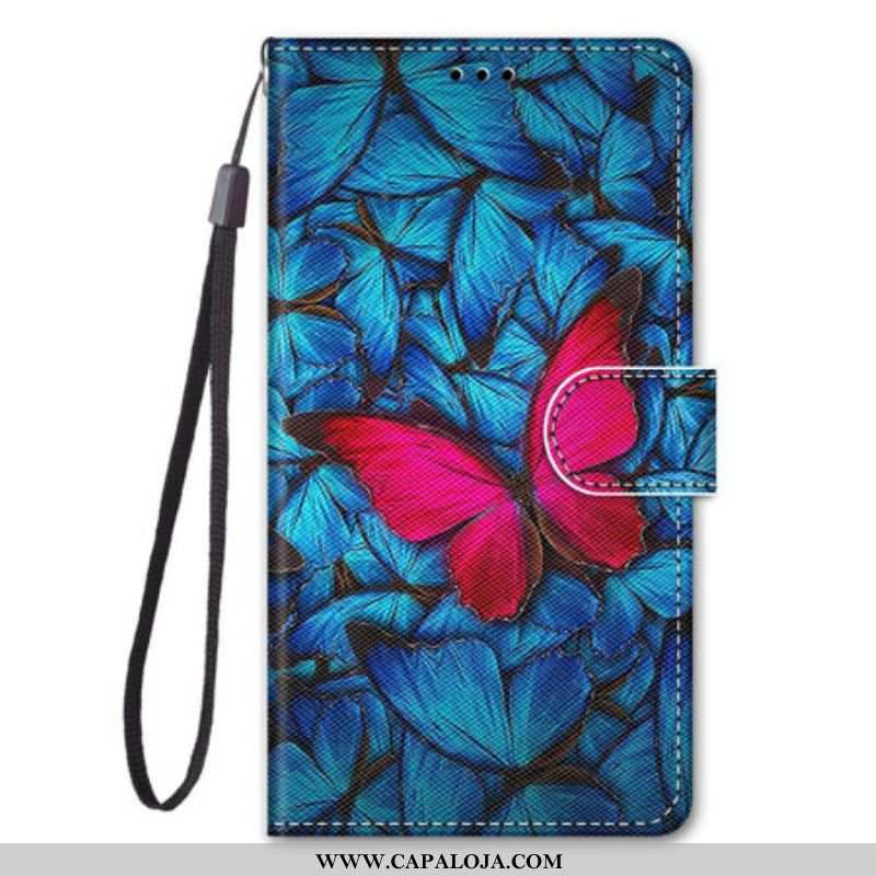 Capa Em Pele Para Samsung Galaxy S21 5G Borboleta Vermelha Fundo Azul