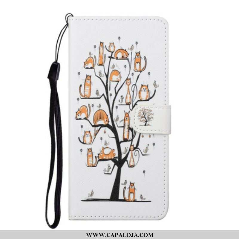 Capa Em Pele Para Samsung Galaxy S21 FE De Cordão Gatos Divertidos Com Alça