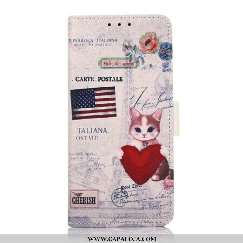 Capa Em Pele Para Samsung Galaxy S21 FE Gato Viajante