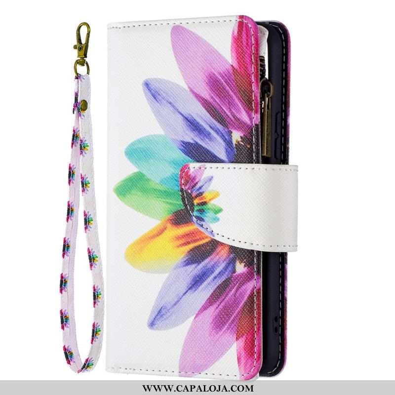 Capa Em Pele Para Samsung Galaxy S22 5G Bolso Com Zíper Flor