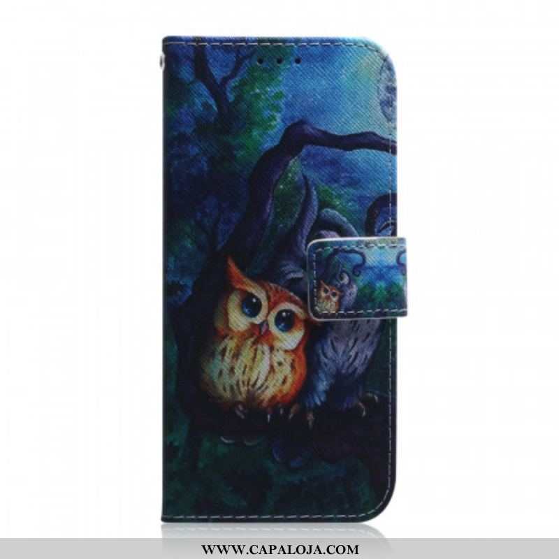 Capa Em Pele Para Samsung Galaxy S22 5G Pintura De Corujas