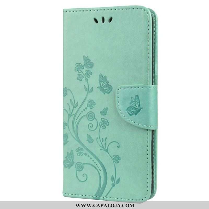 Capa Em Pele Para Samsung Galaxy S22 Plus 5G Borboletas E Flores Com Cordão