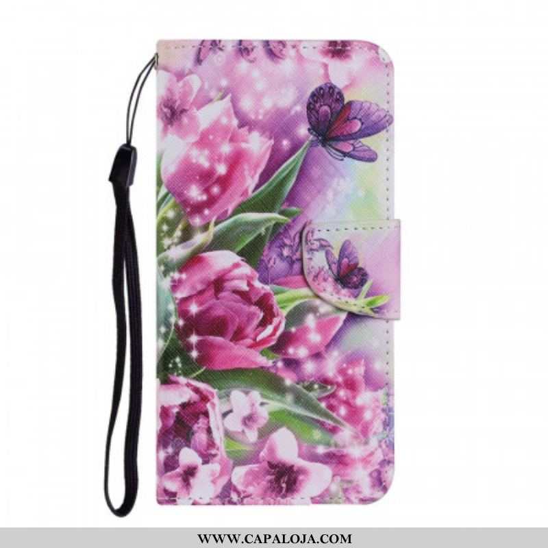 Capa Em Pele Para Samsung Galaxy S22 Plus 5G Borboletas E Tulipas