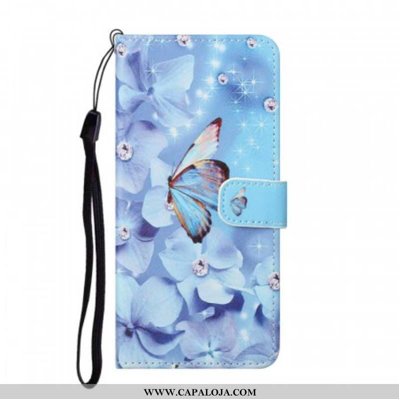 Capa Em Pele Para Samsung Galaxy S22 Plus 5G De Cordão Borboletas Strappy Diamond