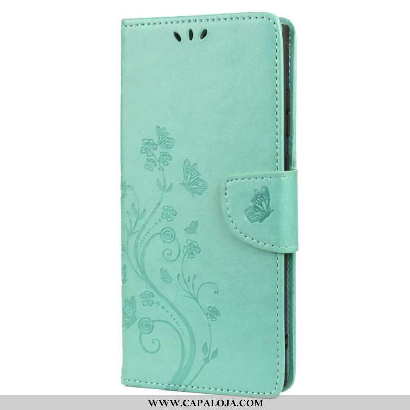 Capa Em Pele Para Samsung Galaxy S22 Ultra 5G Borboletas E Flores Com Cordão