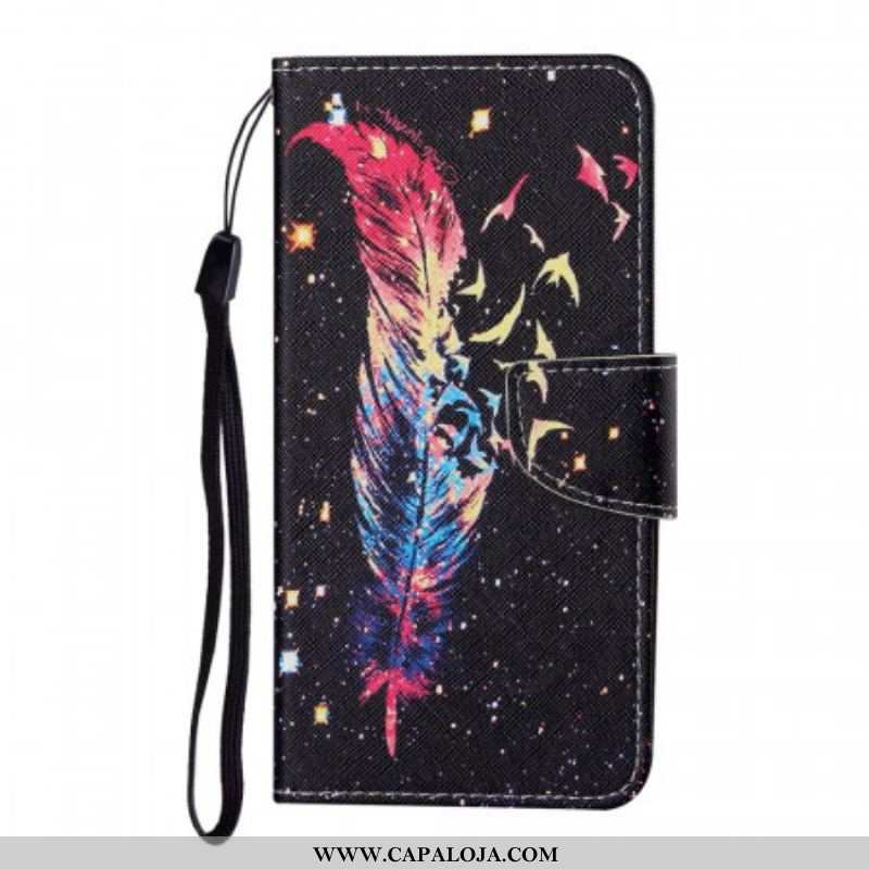 Capa Em Pele Para Samsung Galaxy S22 Ultra 5G De Cordão Pena Colorida Com Alça