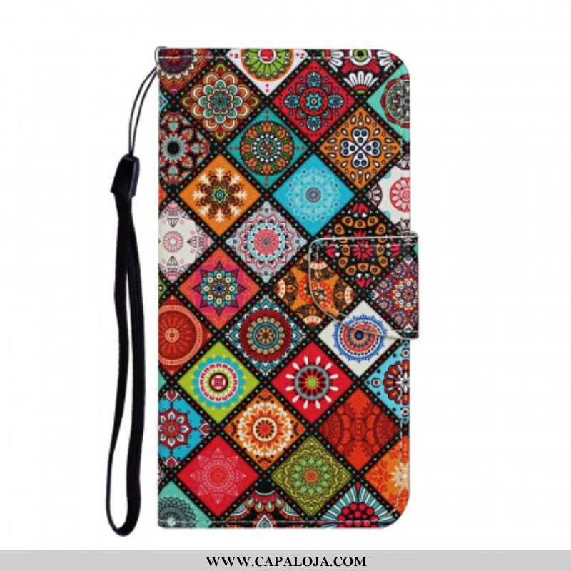 Capa Em Pele Para Samsung Galaxy S22 Ultra 5G Mandalas De Patchwork Com Cordão