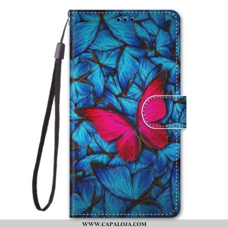 Capa Em Pele Para Samsung Galaxy S23 Ultra 5G Borboleta Vermelha Fundo Azul