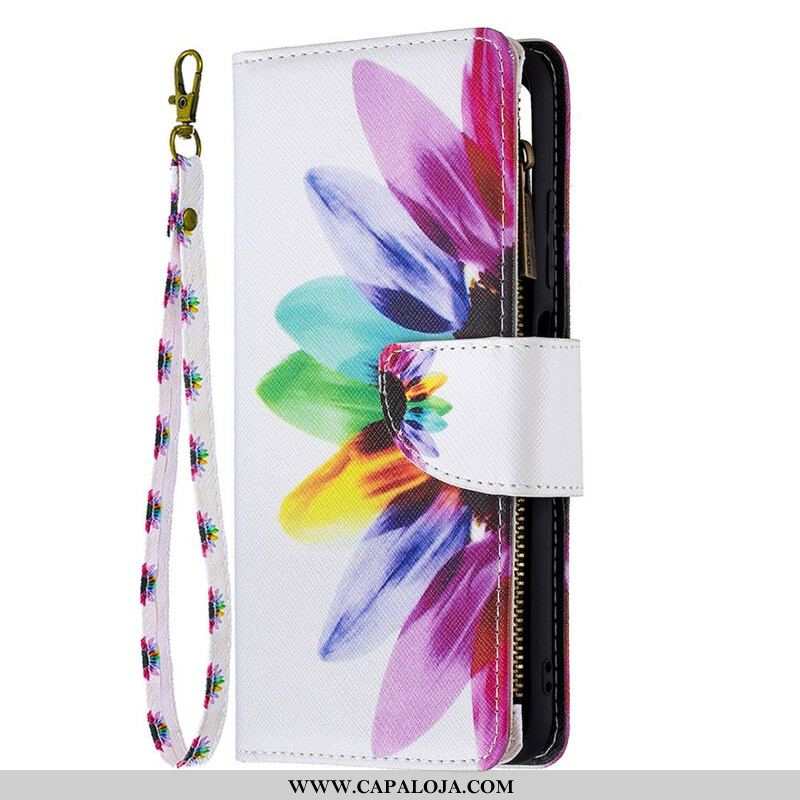 Capa Em Pele Para Xiaomi Redmi Note 10 5G Bolso Com Zíper Flor