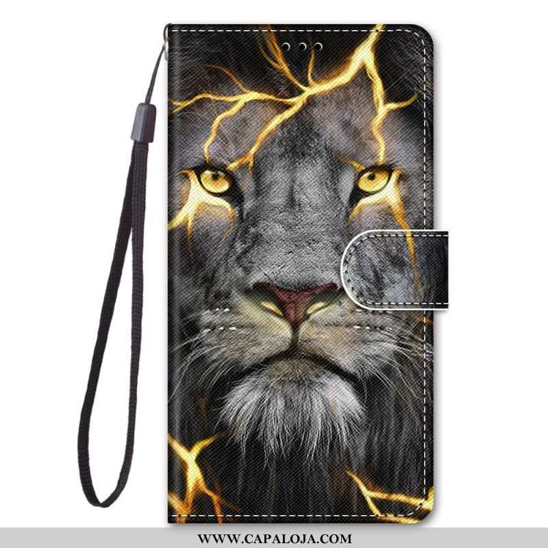 Capa Em Pele Para Xiaomi Redmi Note 11 Pro Plus 5G De Cordão Felino Em Chamas Com Alça