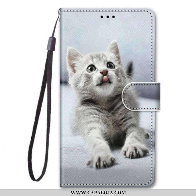 Capa Em Pele Para Xiaomi Redmi Note 11 Pro Plus 5G De Cordão Gatinho Cinza Com Alça