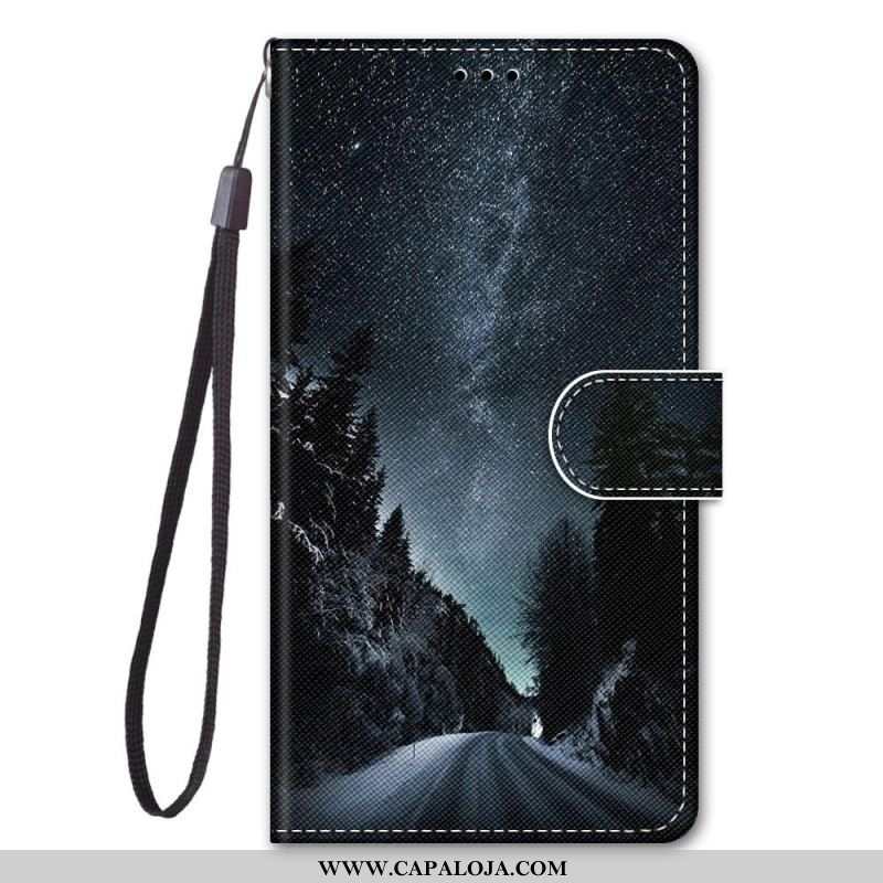 Capa Em Pele Para Xiaomi Redmi Note 11 Pro Plus 5G De Cordão Lanyard Paisagem