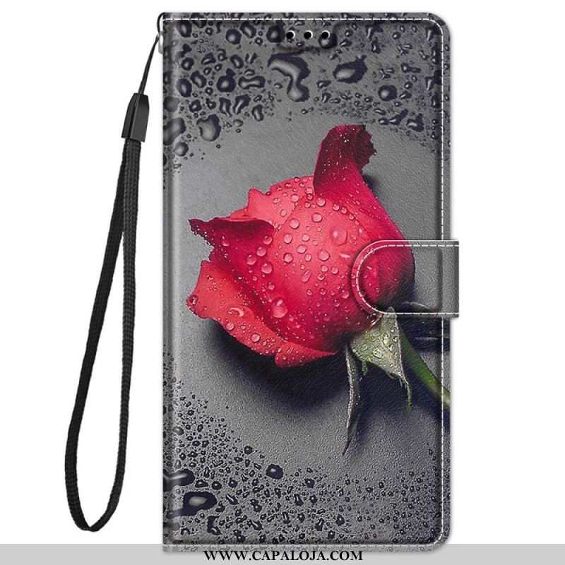 Capa Em Pele Para Xiaomi Redmi Note 11 Pro Plus 5G Rosas Com Cordão