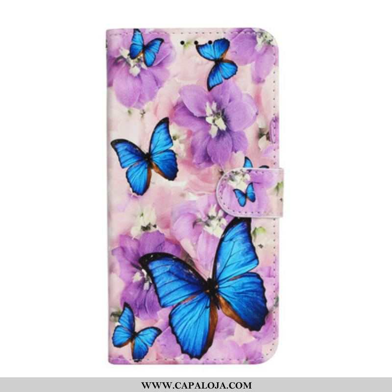 Capa Em Pele Para iPhone 13 Mini Borboletas Azuis Em Flores