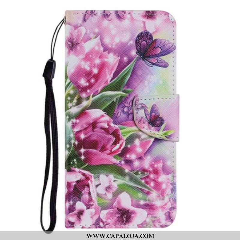 Capa Em Pele Para iPhone 13 Pro Borboletas E Tulipas