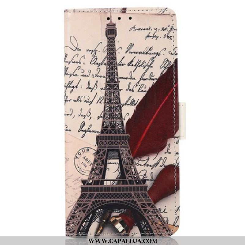 Capa Em Pele Para iPhone 13 Pro Max Torre Eiffel Do Poeta